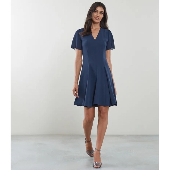 Reiss Women's Size US 6 / UK 10 Blue Teal Natalia V Neck Fit‎ & Flare Mini Dress - Picture 10 of 11